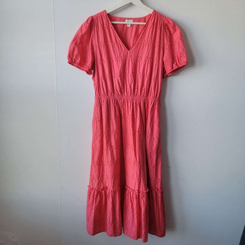 J.Crew Womens eyelet midi dress sz 10 V-neck Short Puff Sleeve Guava Pink pocket